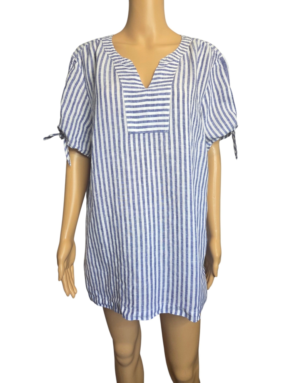 Talbots Blue & White Linen Striped Tunic with Tie Sleeves Size XL